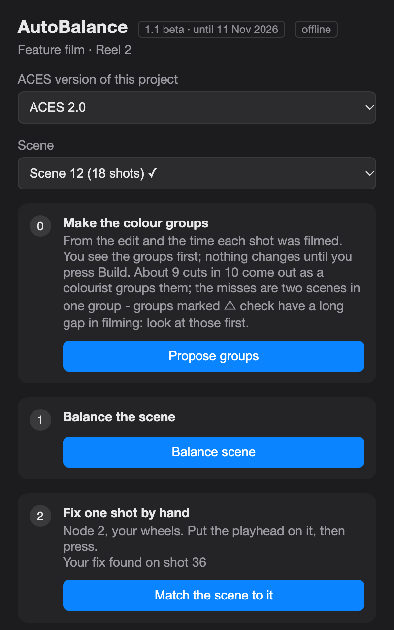 The AutoBalance 1.1 beta panel: Make the colour groups, Balance the scene, Fix one shot by hand and Match the scene to it.